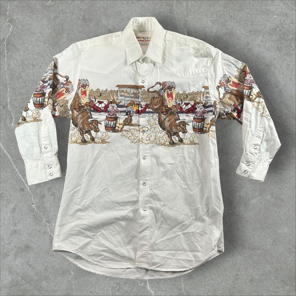 Karman Looney Tunes Western Shirt Men Medium White 1994 Rodeo Graphic Pearl Snap